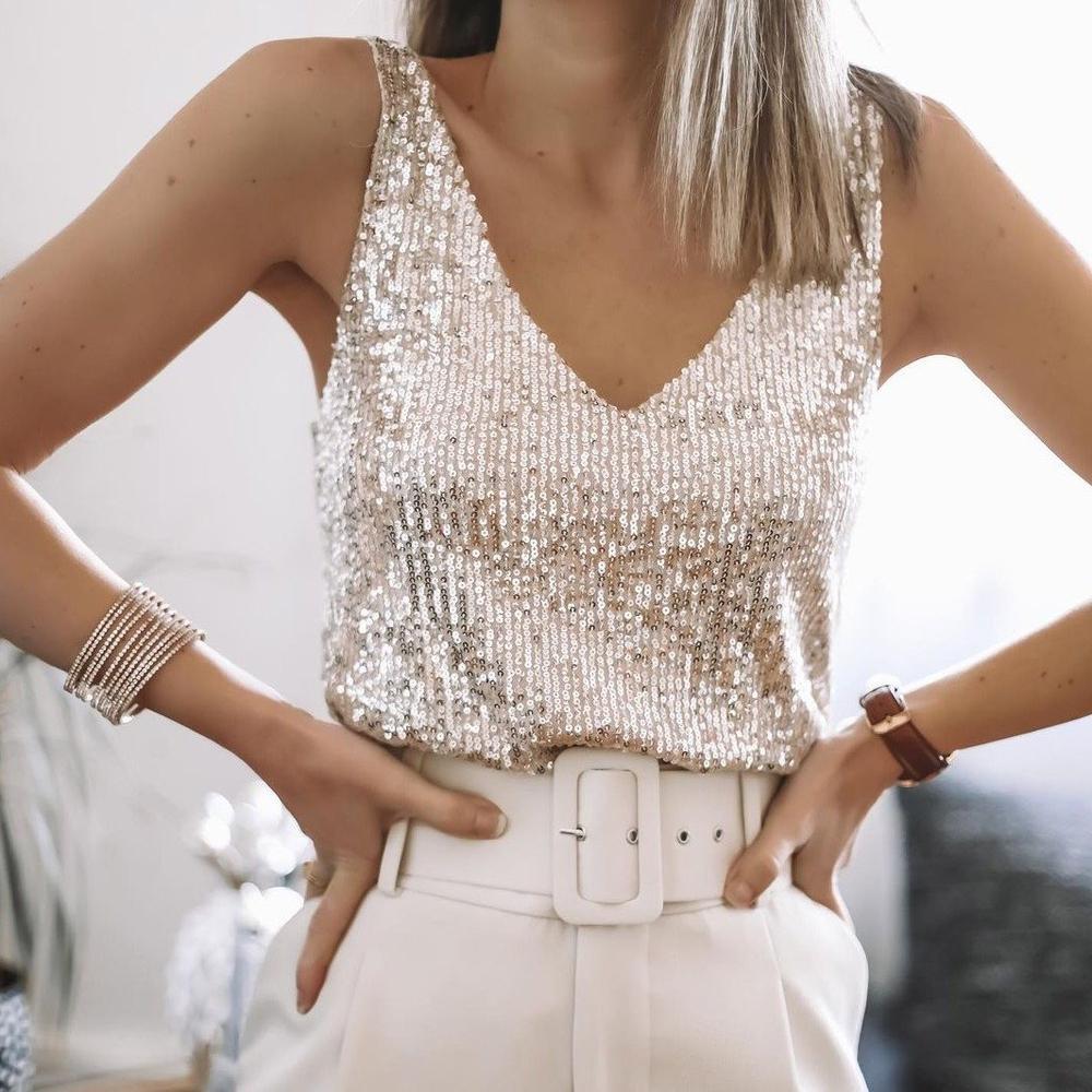 Loose fit women's sparkling beige sequin top with spaghetti straps, a chic choice for glamorous evening wear.