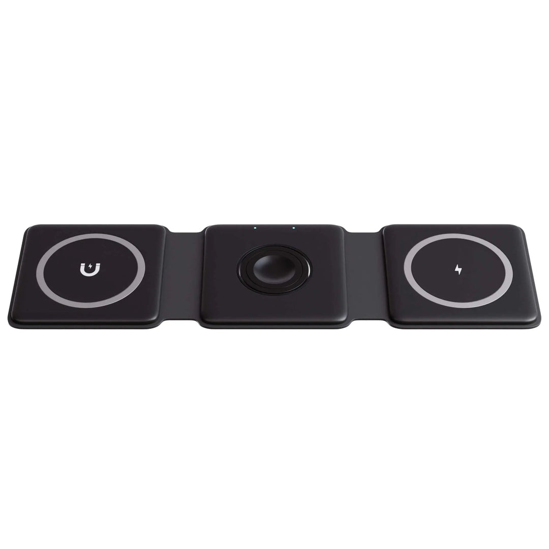 "Black 3-in-1 foldable wireless charger for iPhone, Apple Watch, AirPods; compact, sleek design for easy portability."