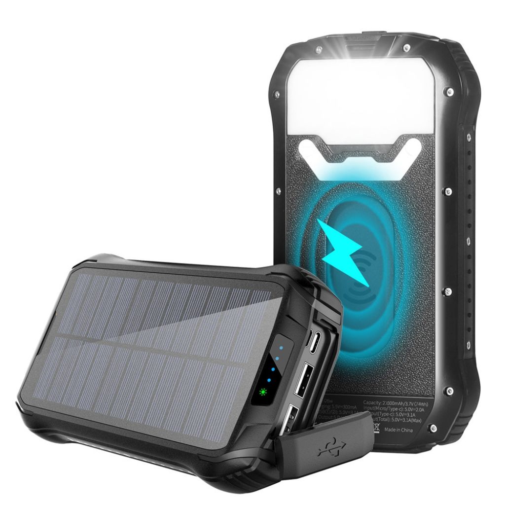 "Black and orange portable solar power bank for outdoor use, showcasing sleek design and multiple charging ports."