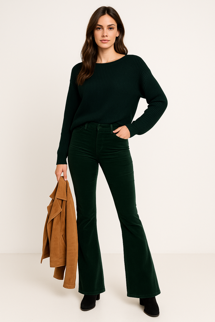 Black high waist flared pants for women, flattering everyday style & comfort.