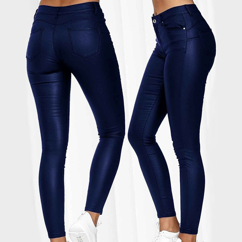 Winter fashion women's red high waist stretch leather-look trousers. Skinny & warm.