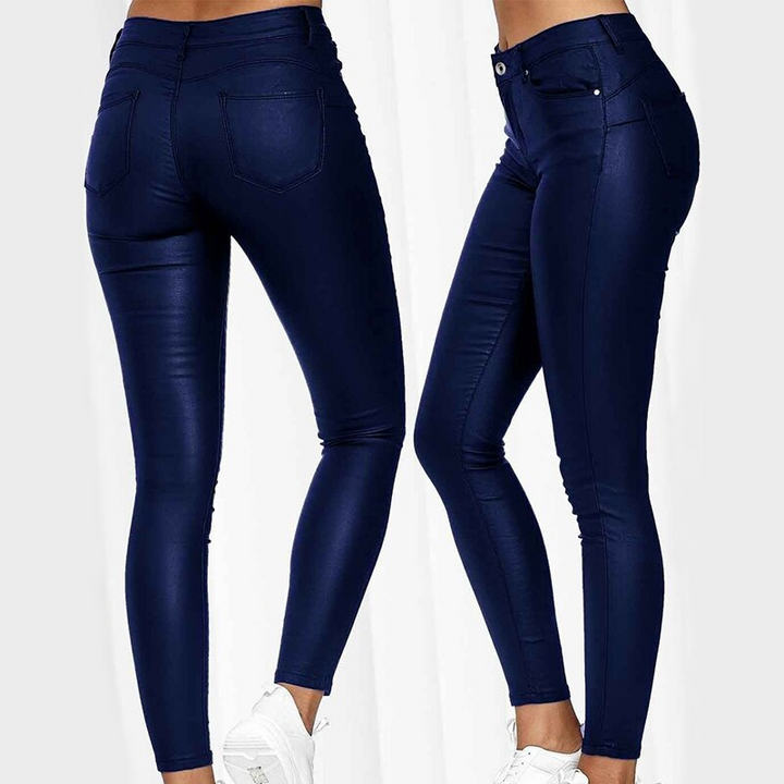 Winter fashion women's red high waist stretch leather-look trousers. Skinny & warm.