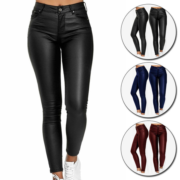 Blue high waist stretch leather-look pants for women. Perfect for fall/winter fashion.