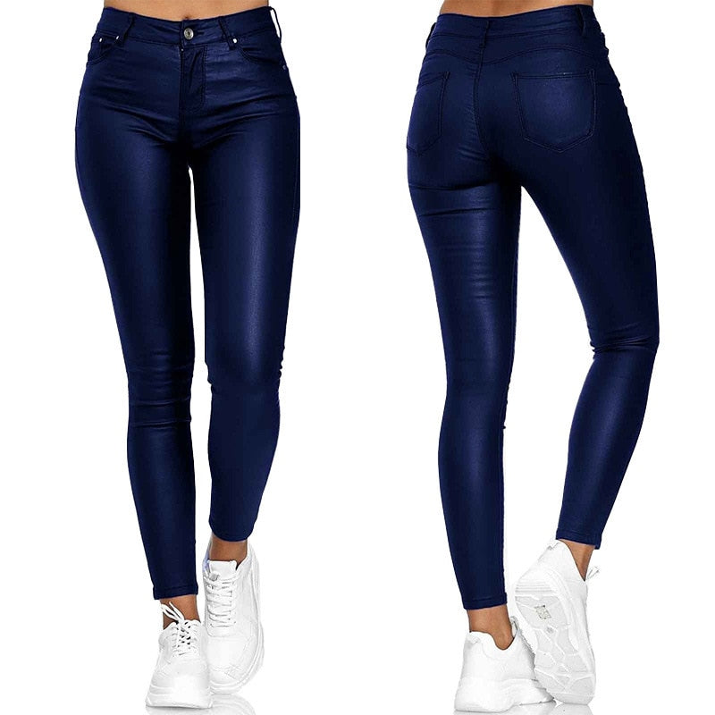 Blue high waist stretch leather pants for women. Comfortable, fashionable & skinny fit.