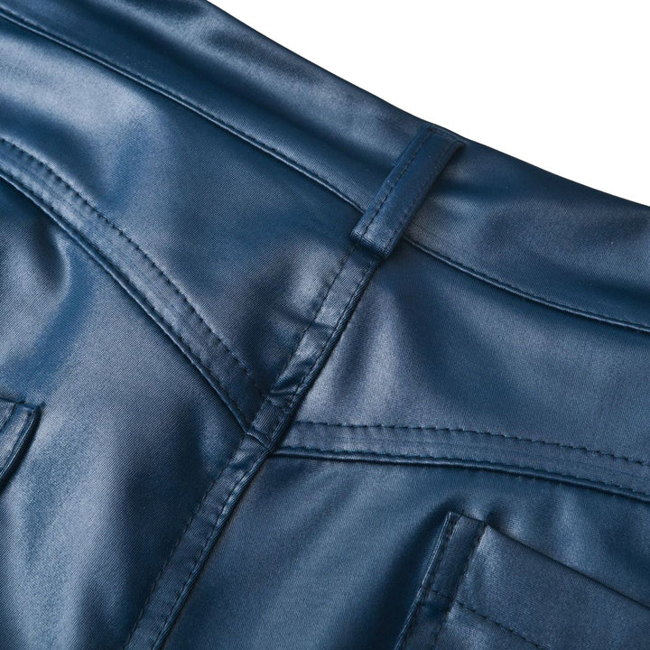 Elegant blue women's high waist leather-look stretch trousers. Skinny fit & comfy.