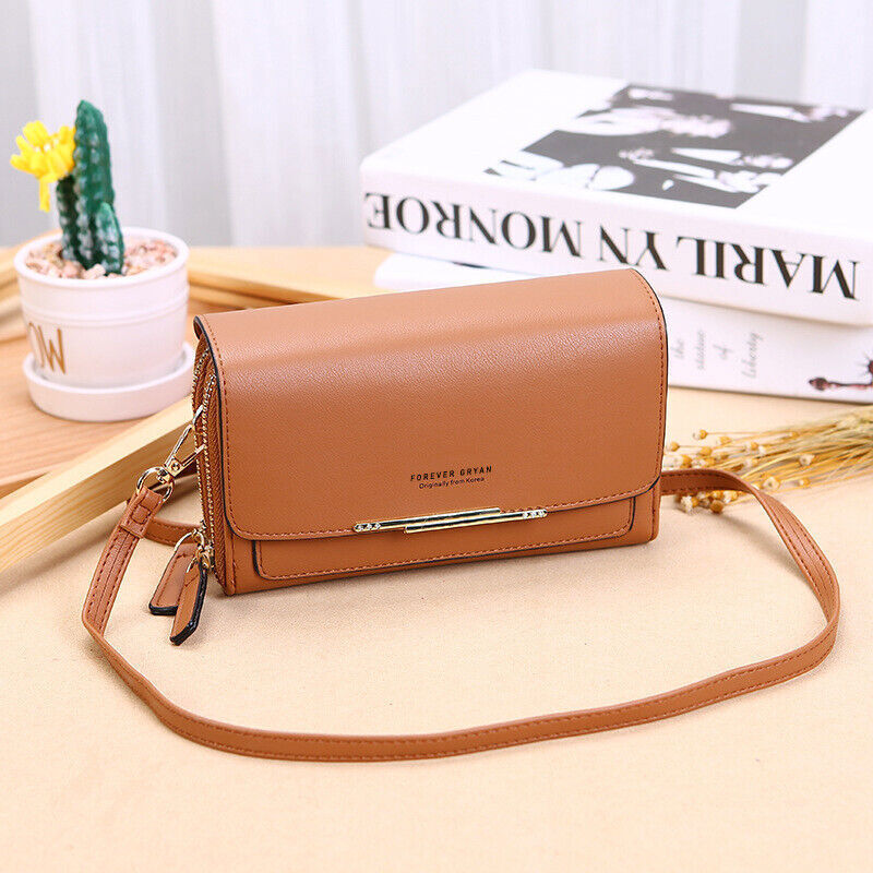 Stylish brown leather women's shoulder bag, multi-functional with card slots & phone pocket.