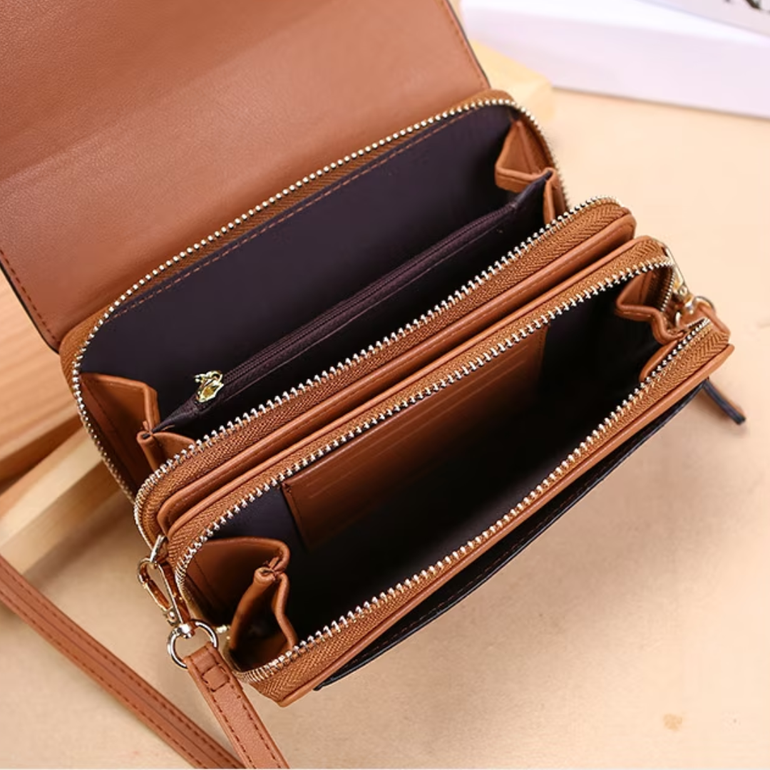 Black leather multi-functional women's bag, perfect as a crossbody or wallet.
