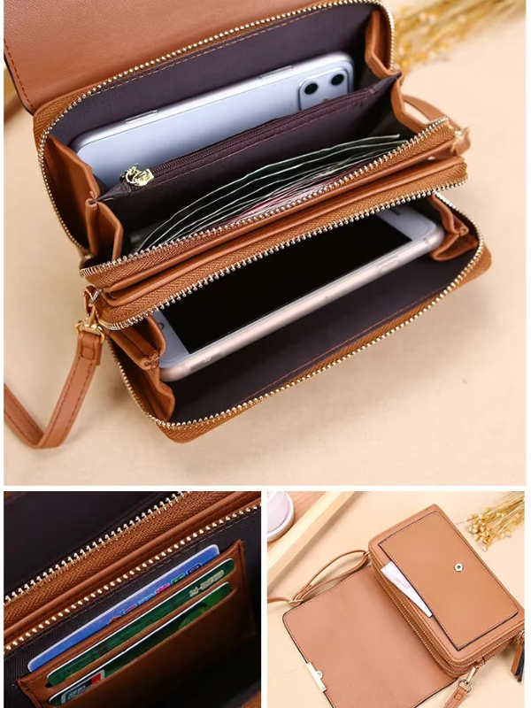Brown leather shoulder bag, an organizer wallet for women's daily essentials.