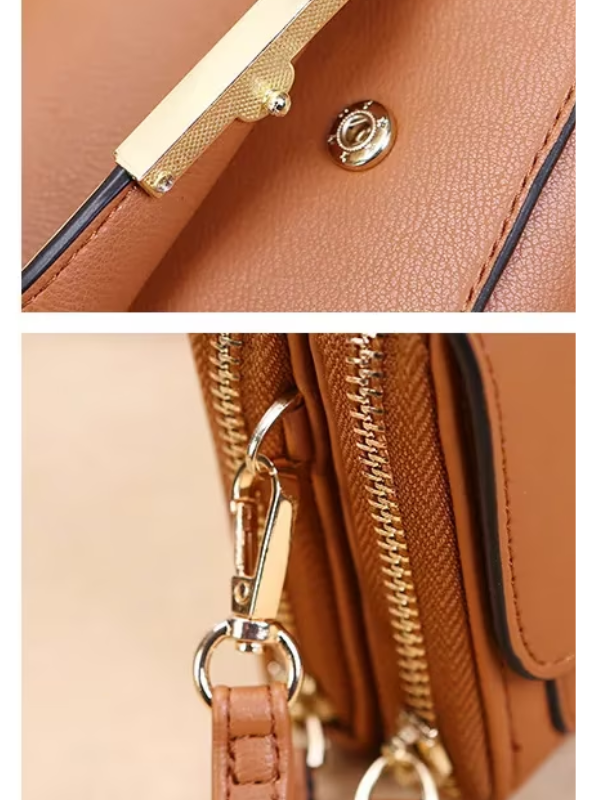 Tan leather women's crossbody wallet, featuring multiple compartments for organization.