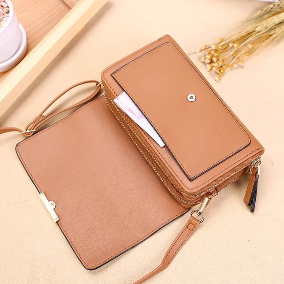 Black PU leather women's crossbody, a sleek and secure wallet bag with an adjustable strap.
