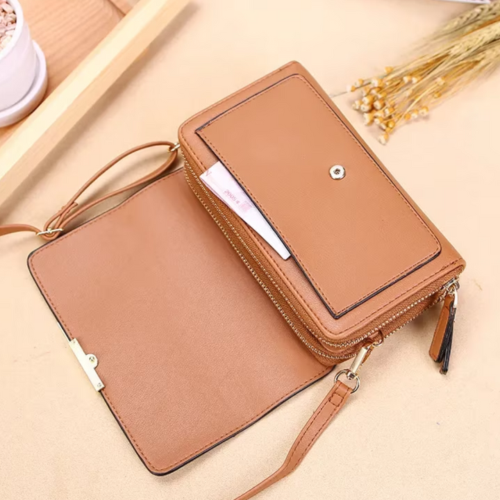 Black PU leather women's crossbody, a sleek and secure wallet bag with an adjustable strap.