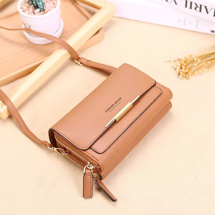 Brown leather women's shoulder organizer, a convenient multi-functional wallet bag.