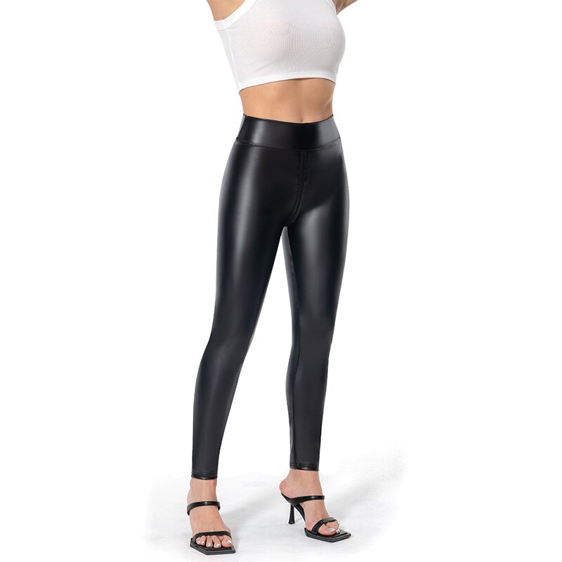 Detail of the high-waisted design on women's black matte faux leather pants, accentuating style.