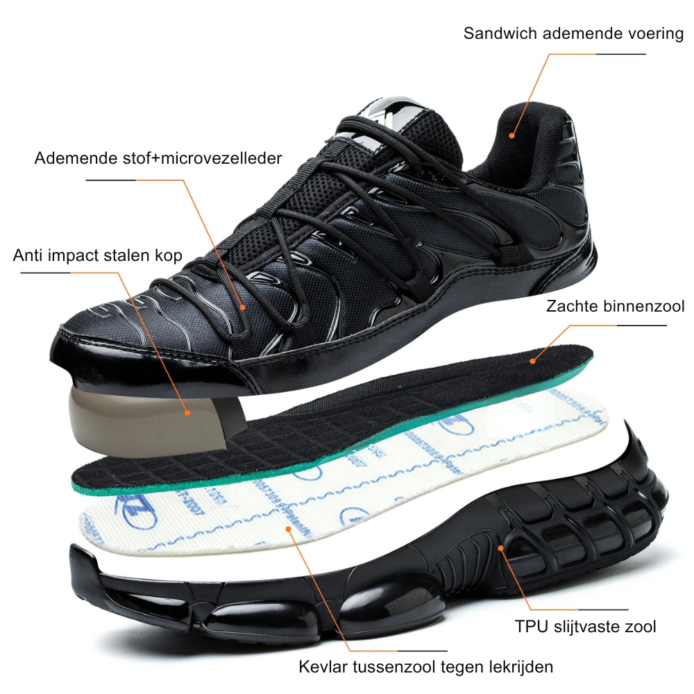 Durable black men's steel toe safety shoes, lace-up design, slip-resistant sole, offering superior protection for work.
