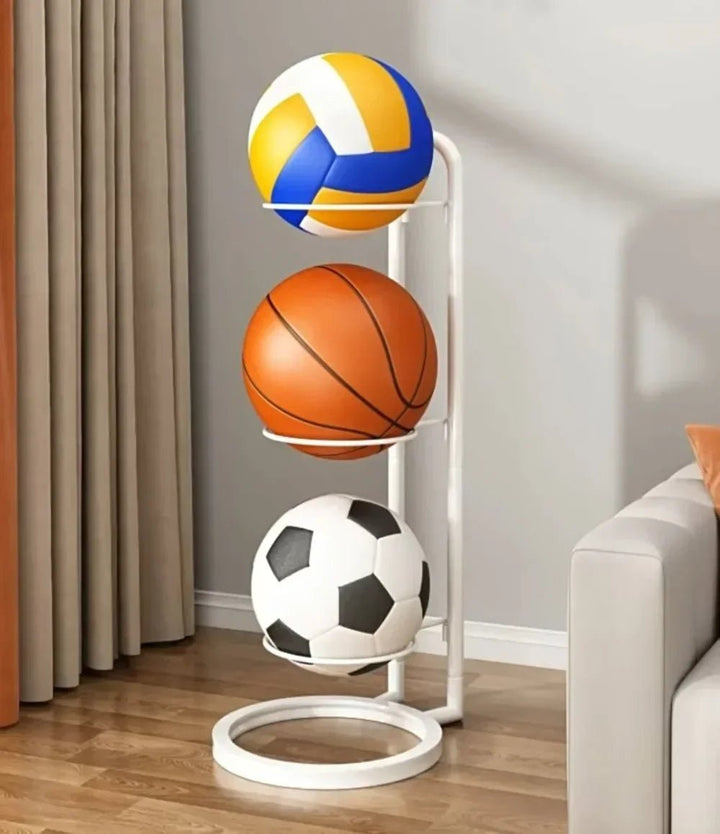 Black metal space-saving sports ball storage rack for garage & home, organizing basketballs, soccer balls, footballs.