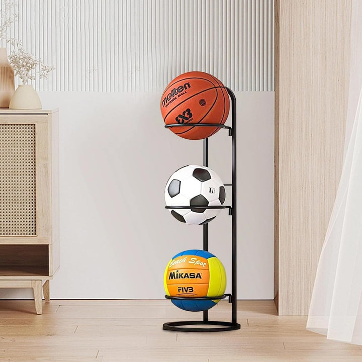 Wall-mounted sports ball organizer rack, ideal for decluttering garage & home gym athletic equipment storage.