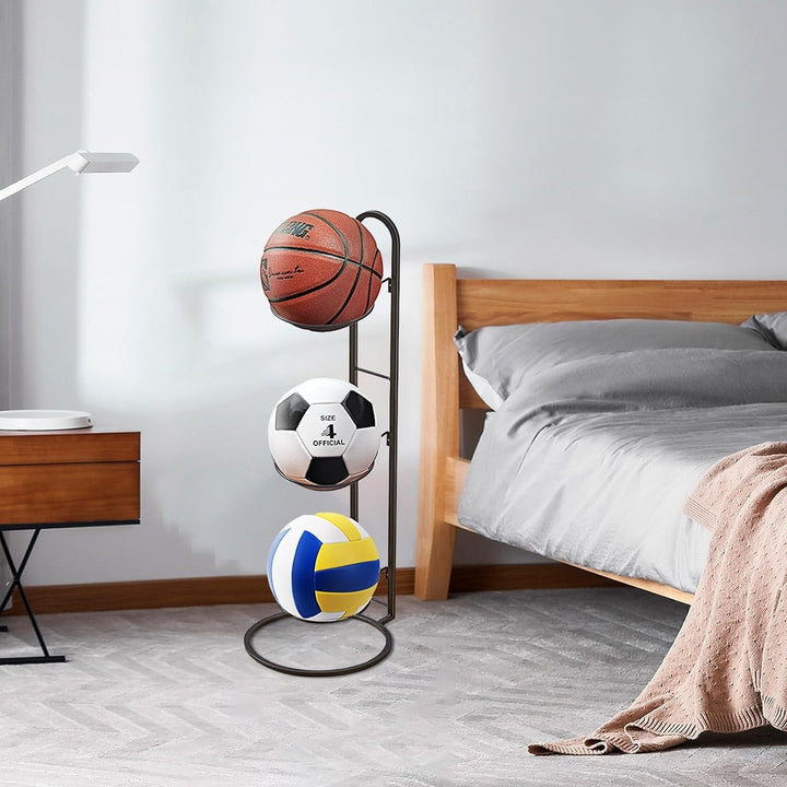 Multi-tier sports equipment storage rack, neatly holding basketballs, soccer balls, volleyballs, and other athletic gear.