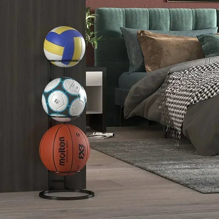 Compact sports ball storage system for home playrooms or basements, tidying up kids' soccer and basketballs.