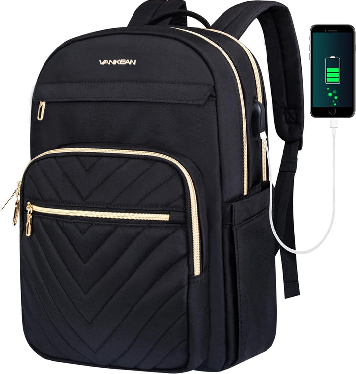 Pink water-resistant slim laptop backpack with USB charging for 15.6-inch laptops. Perfect for school & business.