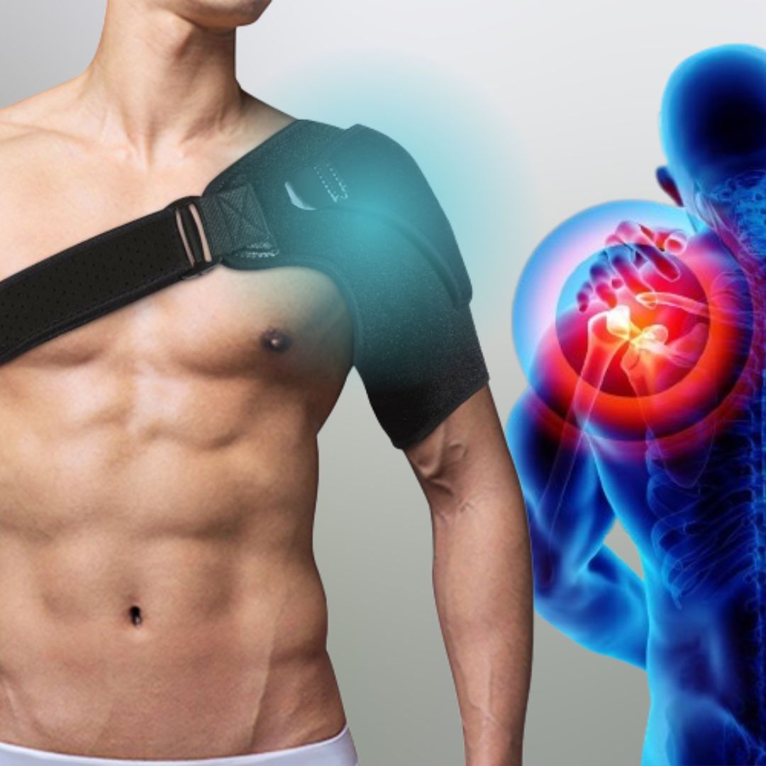 "Black unisex shoulder brace providing optimal support and stability for injury relief; ideal for rotator cuff rehabilitation