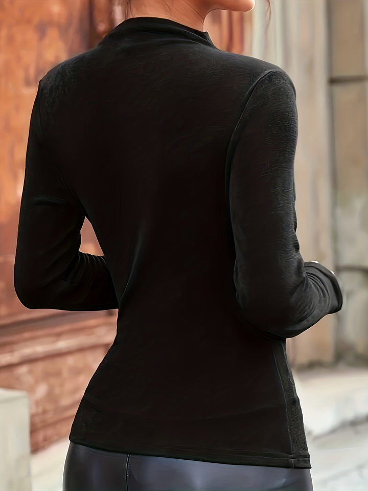 Versatile women's black mock neck long sleeve ruched top, perfect for elegant fall & winter outfits.