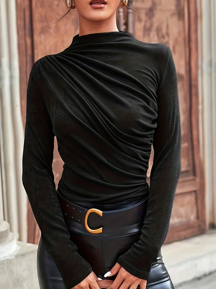 Chic women's sculpting mock neck long sleeve ruched top in black for a flattering, elegant look.