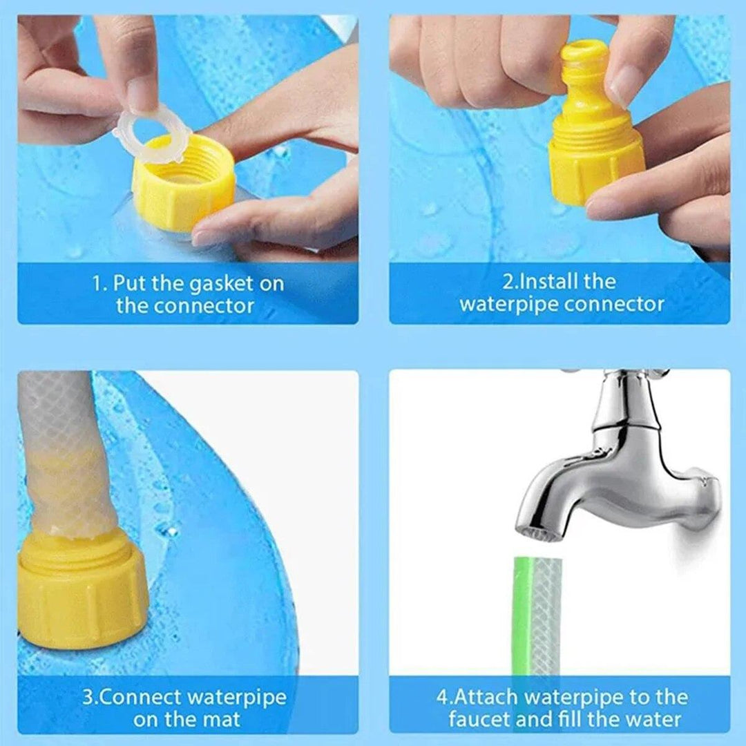 "Blue durable dog fountain pool toy for outdoor summer fun with water jets, providing cooling playtime and relief for pets."