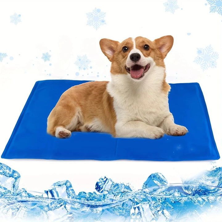 "Blue foldable cooling dog mat with moisture-resistant surface, suitable for home and travel, providing comfort and joint sup