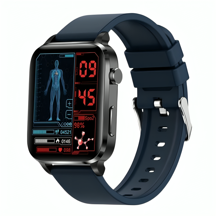 "Blue smartwatch with laser blood sugar monitoring and sleek design, part of health and wellness technology innovation."