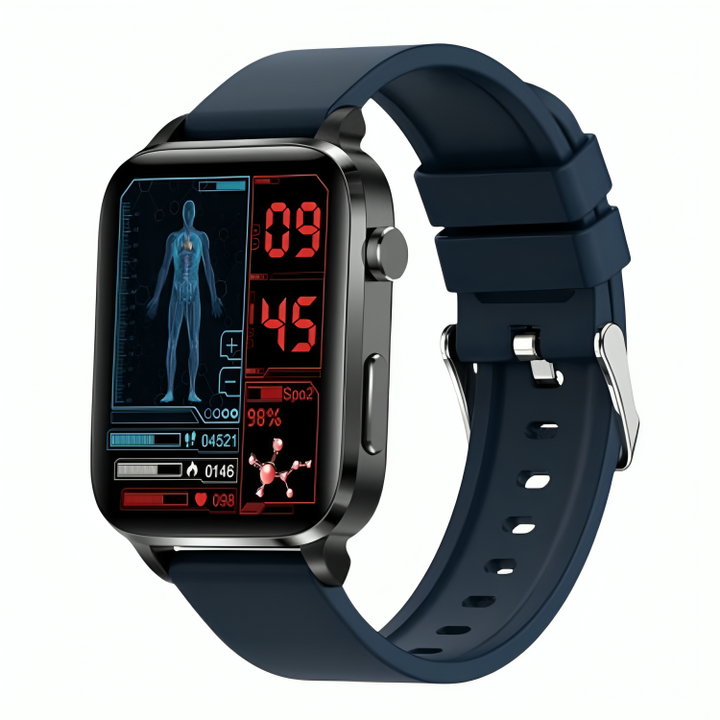 "Blue smartwatch with laser blood sugar monitoring and sleek design, part of health and wellness technology innovation."