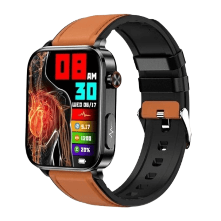 "Blue smartwatch with laser blood sugar monitoring and sleek design, part of health and wellness technology innovation."