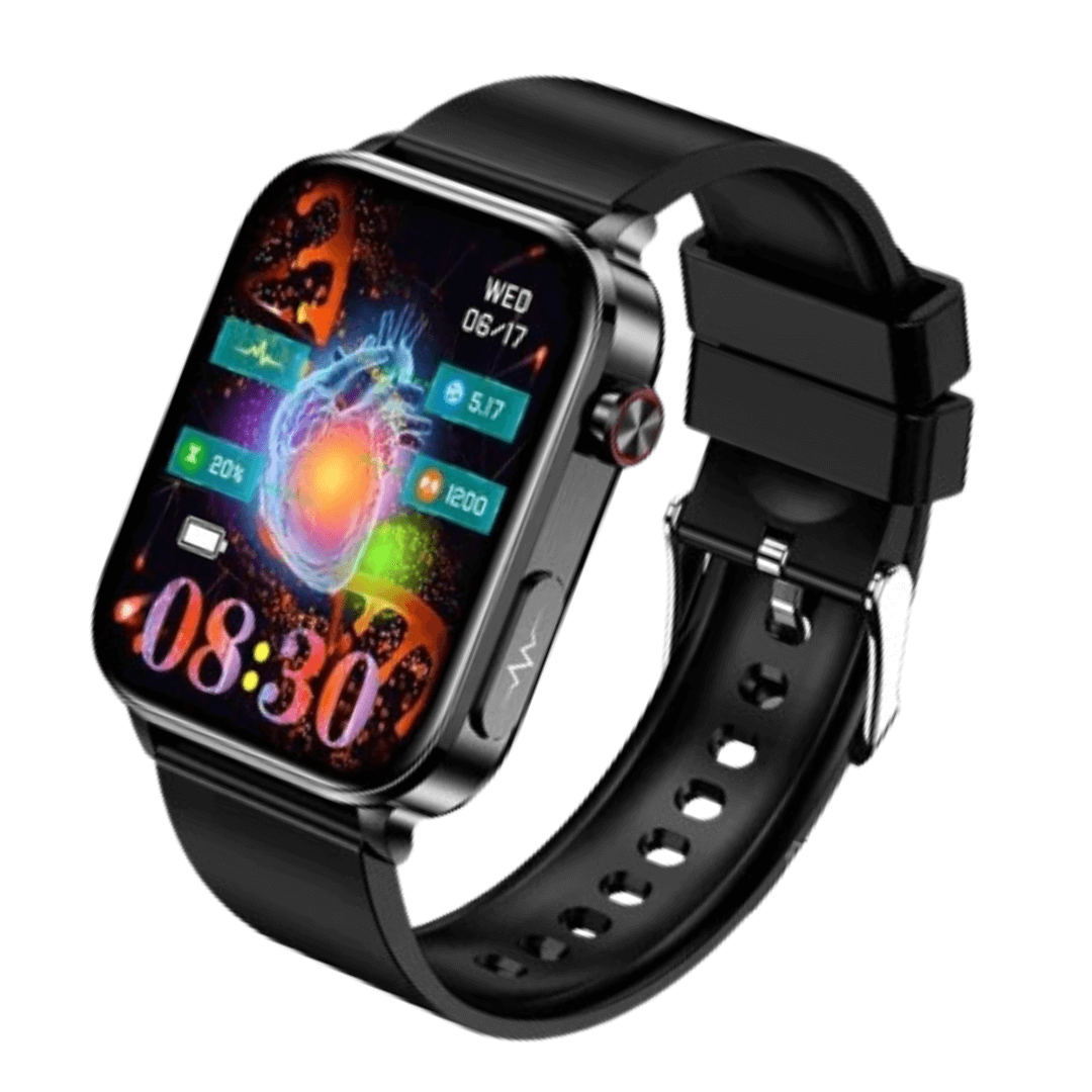 "Blue smartwatch with laser blood sugar monitoring and sleek design, part of health and wellness technology innovation."
