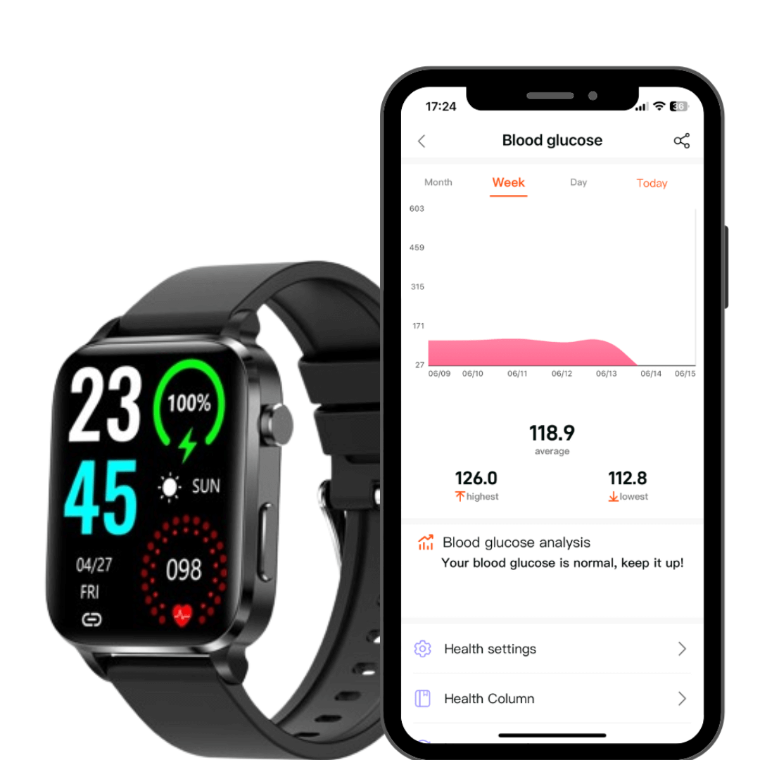 "Blue smartwatch with laser blood sugar monitoring and sleek design, part of health and wellness technology innovation."