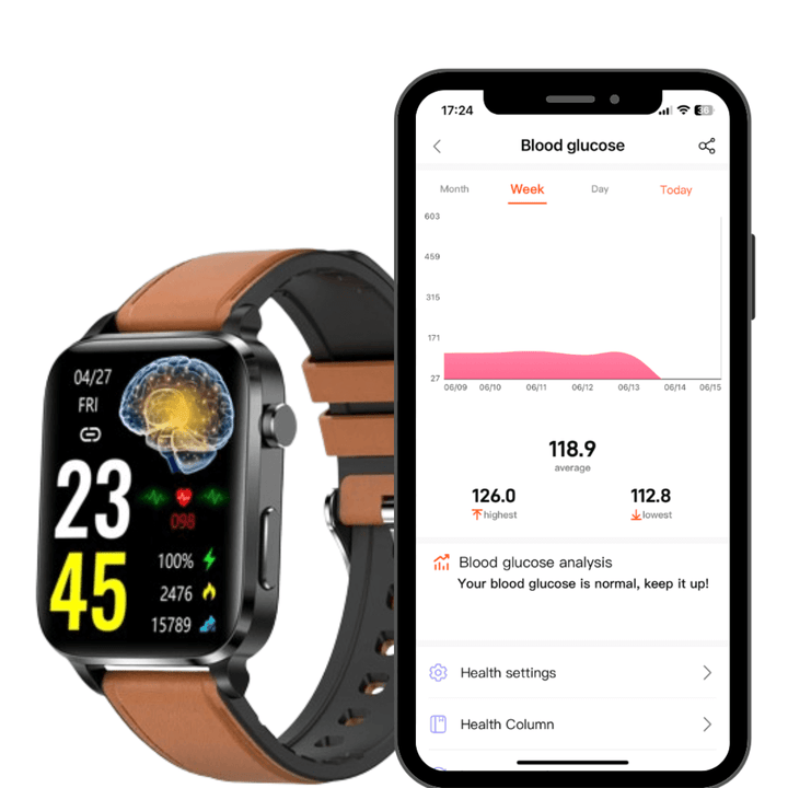 "Blue smartwatch with laser blood sugar monitoring and sleek design, part of health and wellness technology innovation."