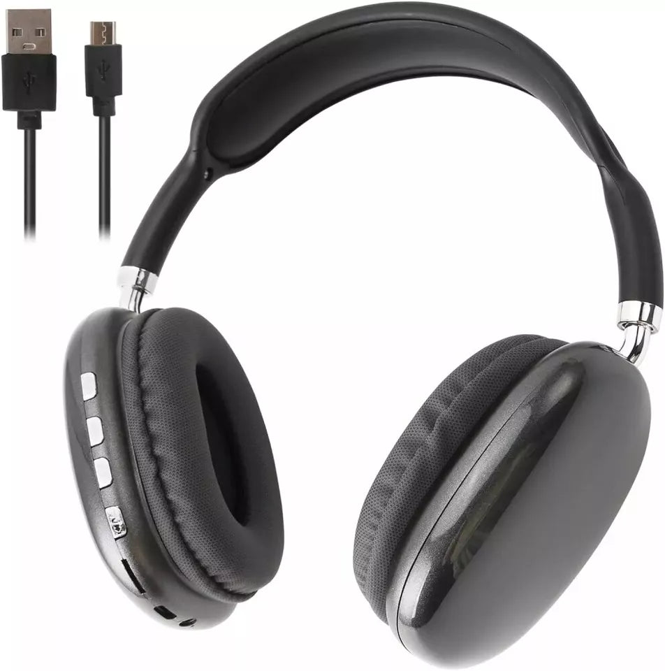 "Bluetooth headphones with HiFi stereo, noise cancelling, over-ear design, soft cushioning, and sleek black finish."
