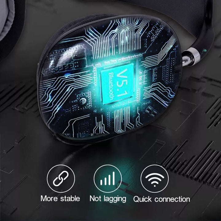 "Bluetooth headphones with HiFi stereo, noise cancelling, over-ear design, soft cushioning, and sleek black finish."
