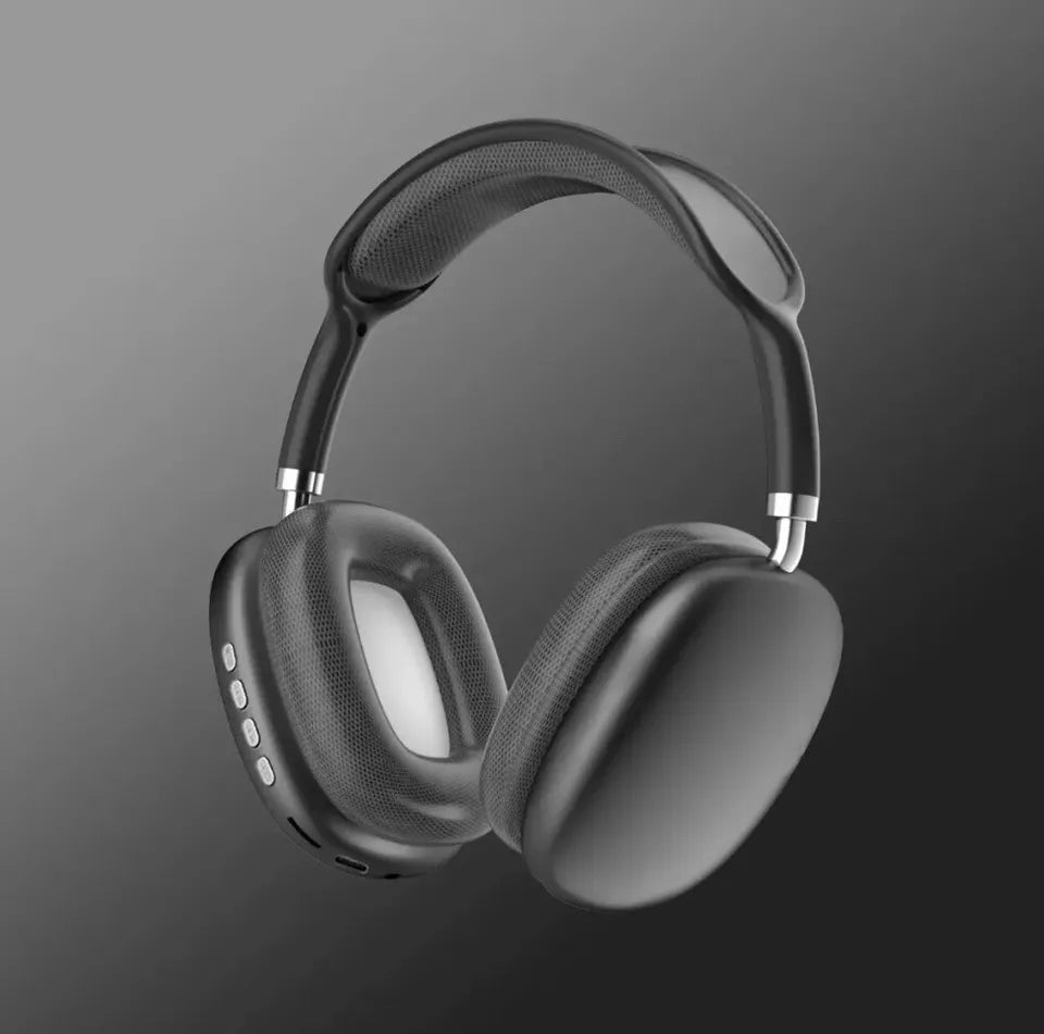 "Bluetooth headphones with HiFi stereo, noise cancelling, over-ear design, soft cushioning, and sleek black finish."