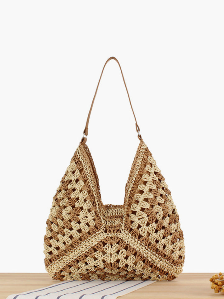 Stylish women's bohemian crochet beach bag, artisan-crafted with a geometric pattern, ideal for summer casual fashion.