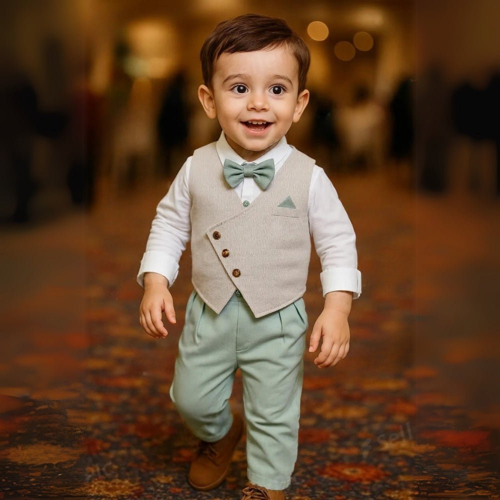Boys' 3-piece formal suit set with shirt, vest, trousers, & bow tie, perfect for weddings & parties.