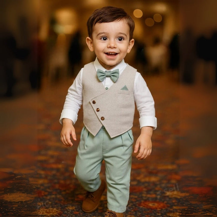 Boys' 3-piece formal suit set with shirt, vest, trousers, & bow tie, perfect for weddings & parties.