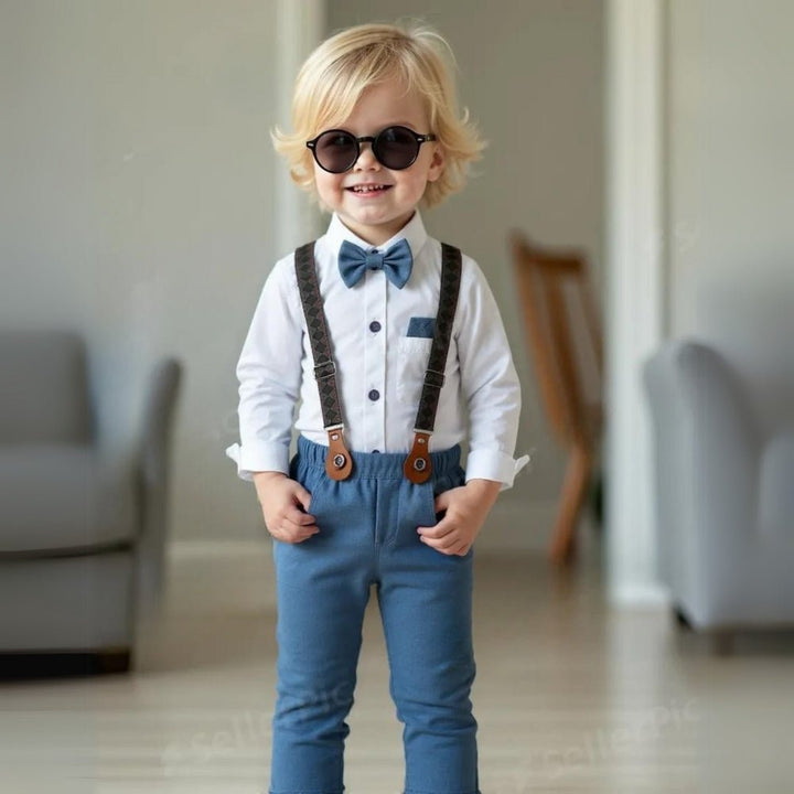 Dapper toddler boy's suit featuring a vest, white shirt, black trousers, and a stylish bow tie.