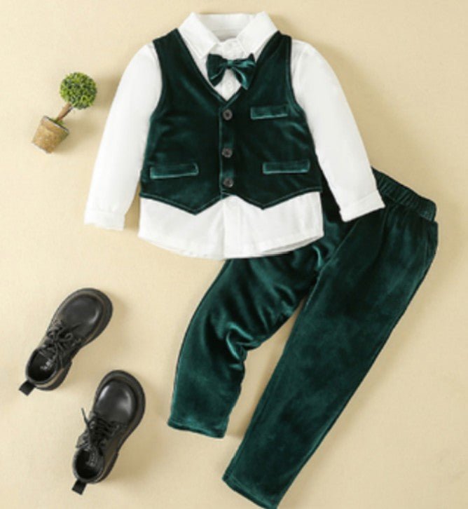 Stylish kids party outfit: complete 3-piece boys' suit, including vest, dress shirt, trousers, & bow tie.