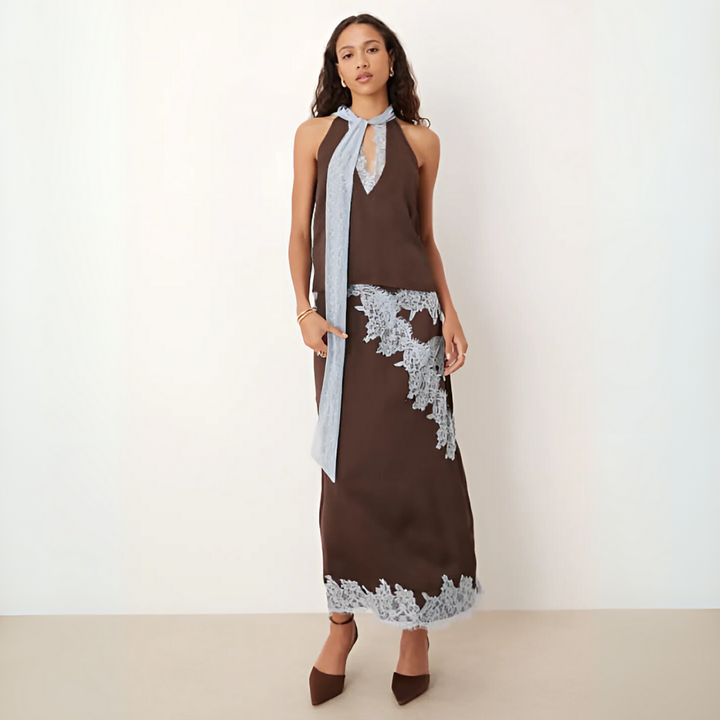 Brown lace panel top & midi skirt set for women, elegant two-piece outfit.