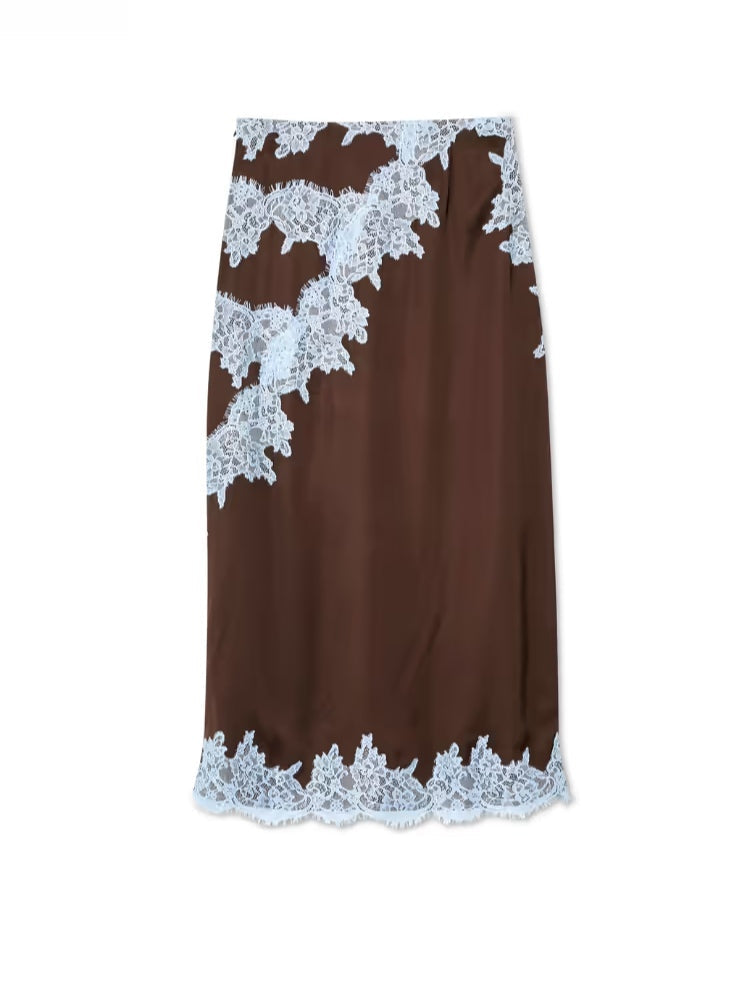 Elegant brown women's set featuring a lace top & flowing midi skirt, perfect for day to night.
