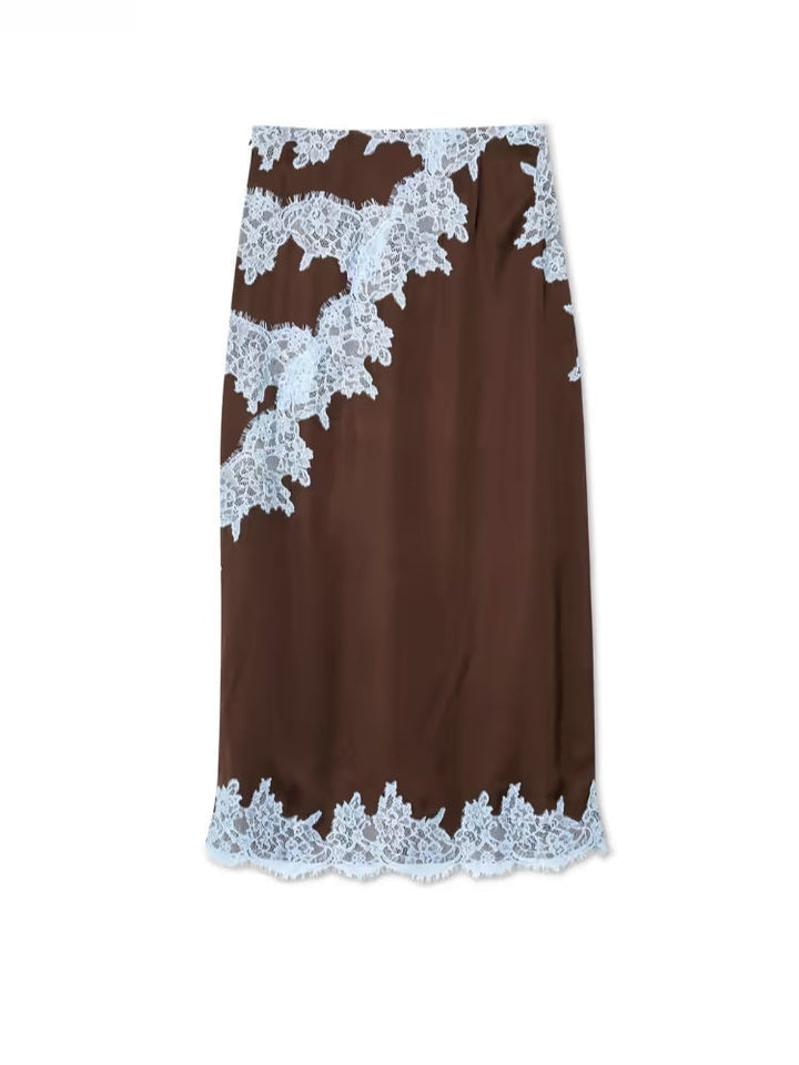 Elegant brown women's set featuring a lace top & flowing midi skirt, perfect for day to night.