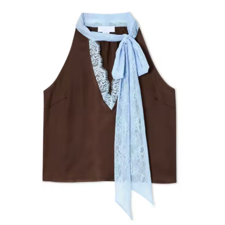 Women's two-piece brown set: intricate lace panel top paired with comfortable elegant midi skirt.