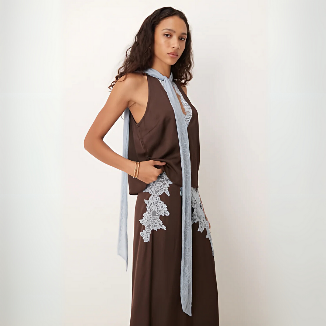 Sophisticated women's brown lace top & midi skirt fashion set, perfect for day to night.