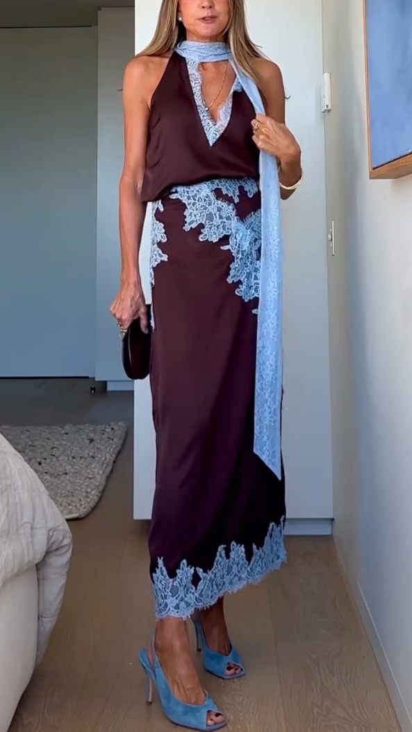 Women's brown outfit featuring a stylish lace top and matching elegant midi skirt set.