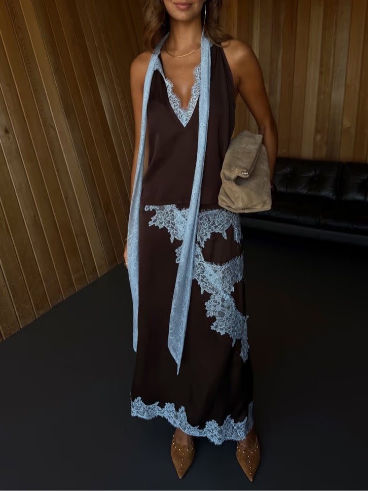 Fashionable women's brown set: lace panel top & elegant midi skirt for sophisticated wear.