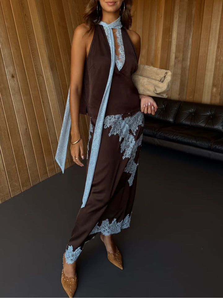 Day to night women's brown lace top & midi skirt set, a chic and elegant two-piece.